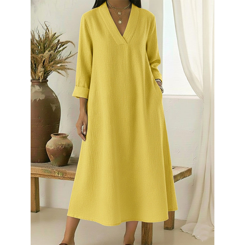 🔥Neuheiten jetzt im Angebot – Damenkleid mit V-Ausschnitt aus Baumwolle und Leinen im A-Linien-Schnitt