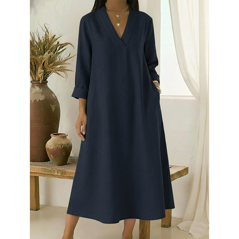 🔥Neuheiten jetzt im Angebot – Damenkleid mit V-Ausschnitt aus Baumwolle und Leinen im A-Linien-Schnitt