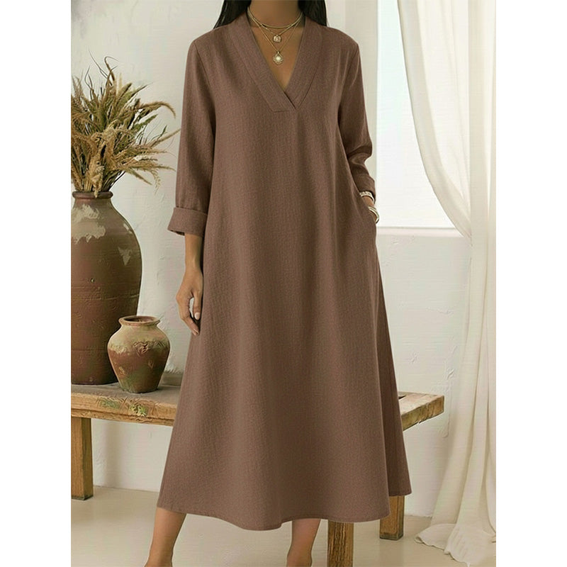 🔥Neuheiten jetzt im Angebot – Damenkleid mit V-Ausschnitt aus Baumwolle und Leinen im A-Linien-Schnitt