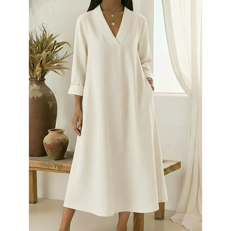 🔥Neuheiten jetzt im Angebot – Damenkleid mit V-Ausschnitt aus Baumwolle und Leinen im A-Linien-Schnitt