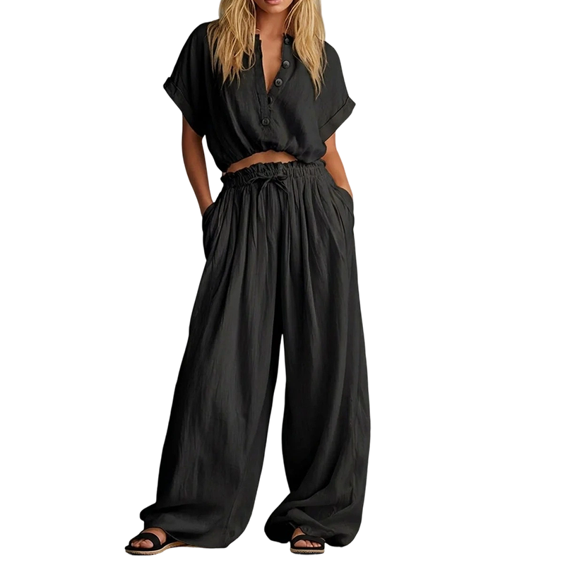 🔥Neuheiten jetzt im Angebot – Damenmode: Sommer-Set aus einfarbigen, locker sitzenden Kleidungsstücken mit Knöpfen