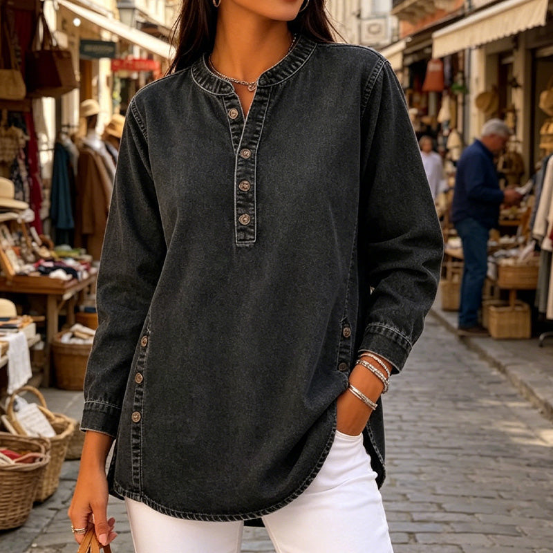 Locker sitzendes Jeanshemd mit V-Ausschnitt für Damen