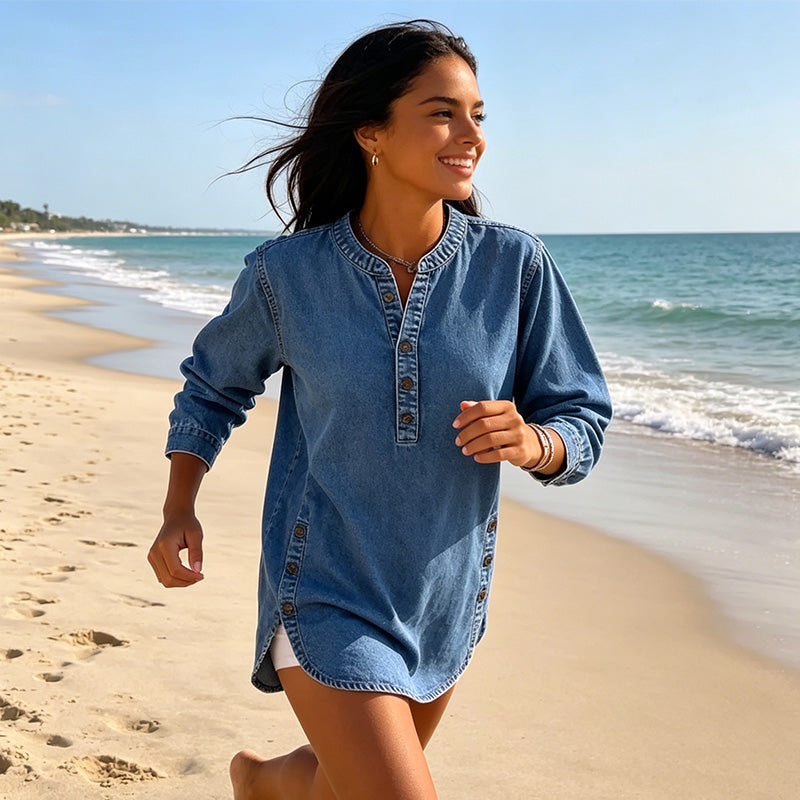 Locker sitzendes Jeanshemd mit V-Ausschnitt für Damen