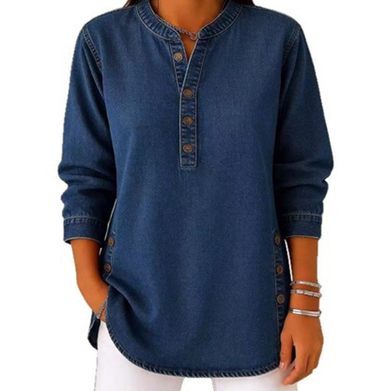 Locker sitzendes Jeanshemd mit V-Ausschnitt für Damen