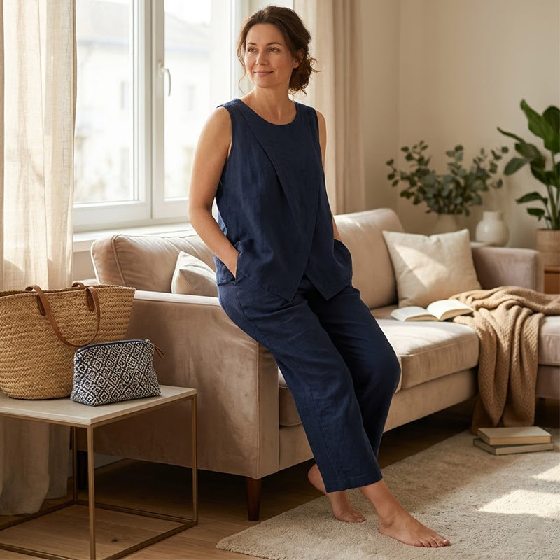 Set aus asymmetrischem Oberteil und Hose mit weitem Bein für Damen