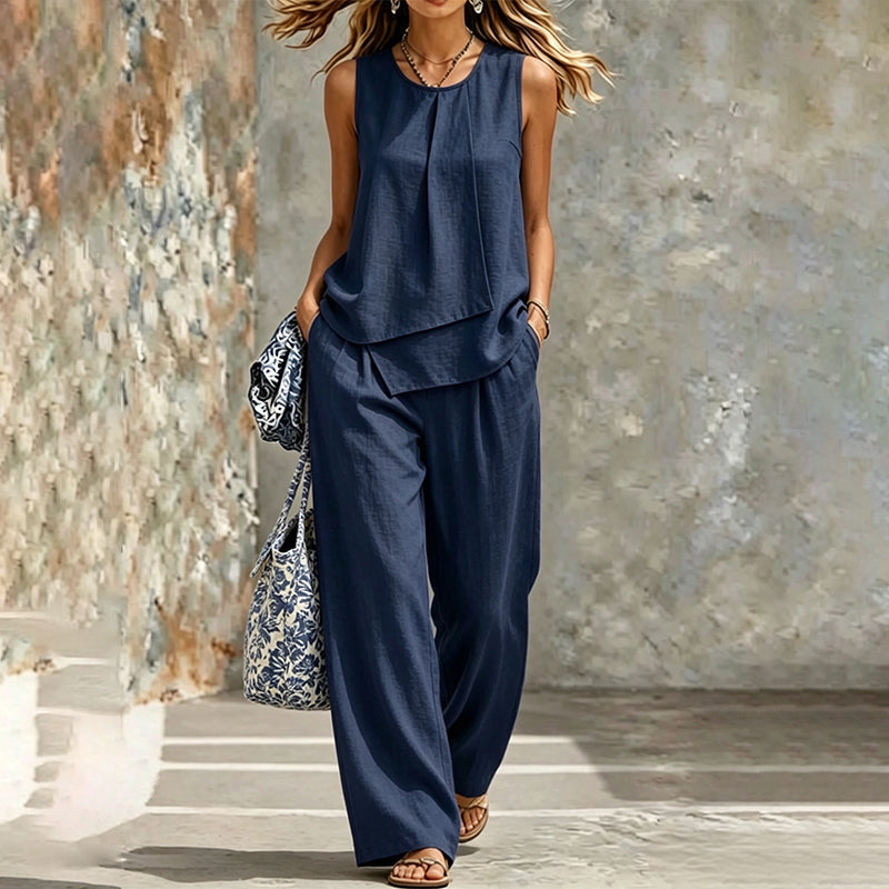 Set aus asymmetrischem Oberteil und Hose mit weitem Bein für Damen