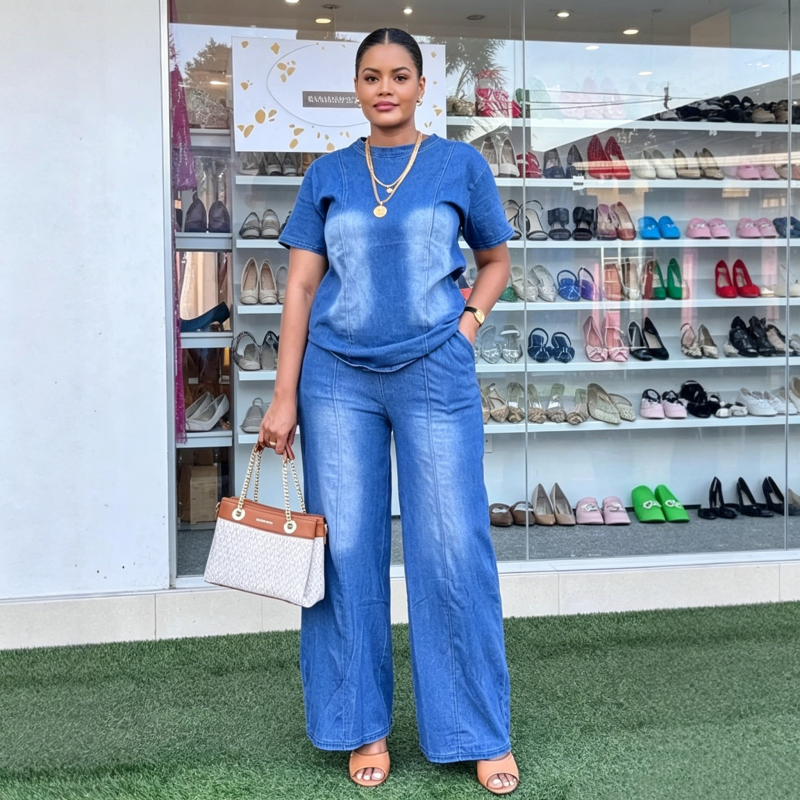 Damen lässiges zweiteiliges Denim-Set aus Oberteil und Hose