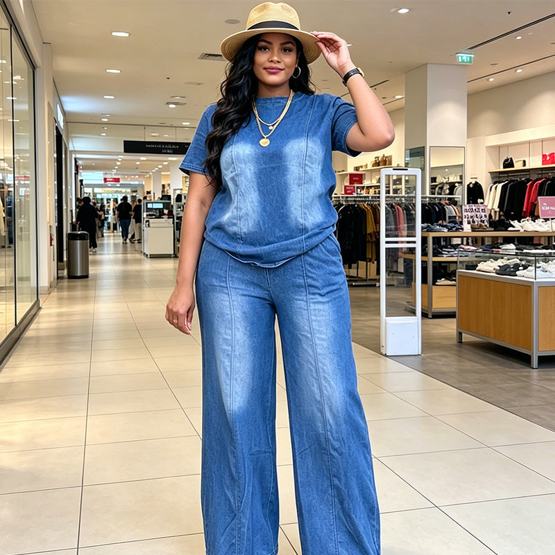 Damen lässiges zweiteiliges Denim-Set aus Oberteil und Hose