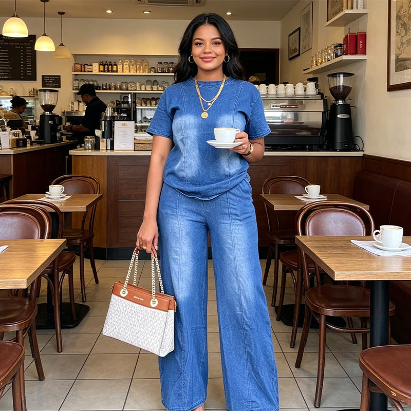Damen lässiges zweiteiliges Denim-Set aus Oberteil und Hose