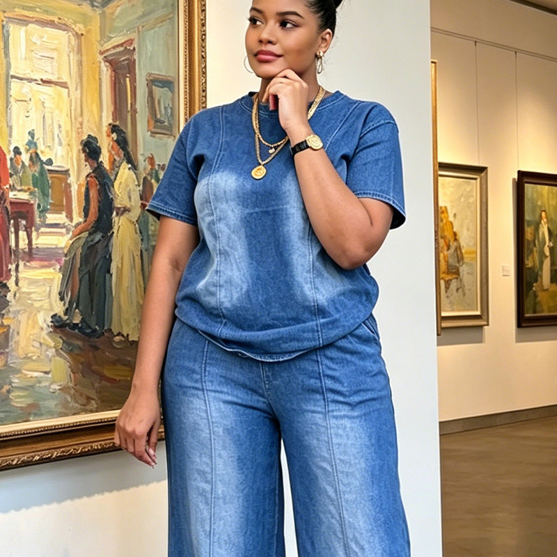Damen lässiges zweiteiliges Denim-Set aus Oberteil und Hose