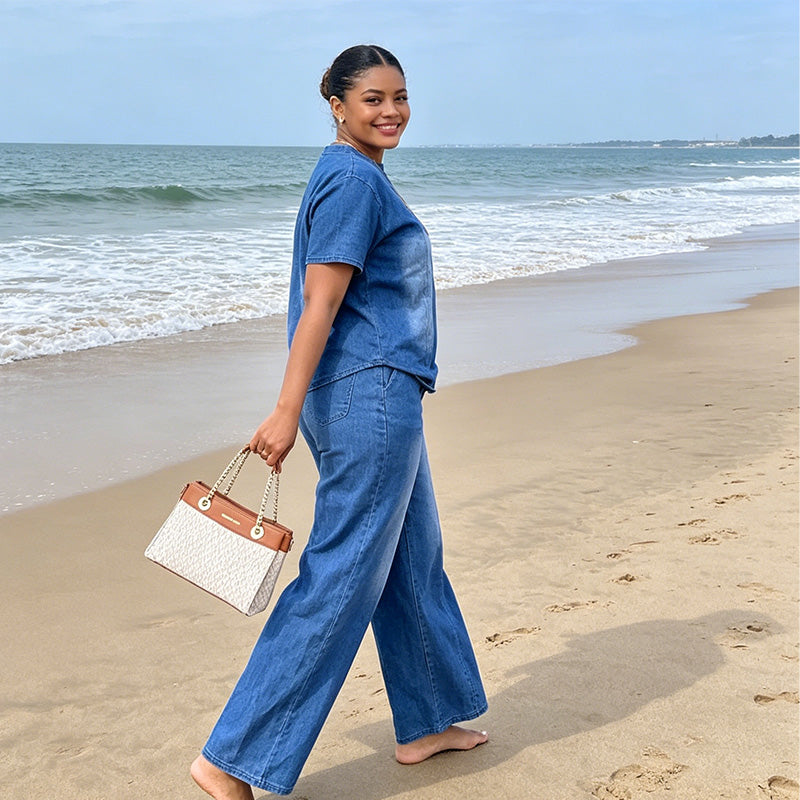 Damen lässiges zweiteiliges Denim-Set aus Oberteil und Hose