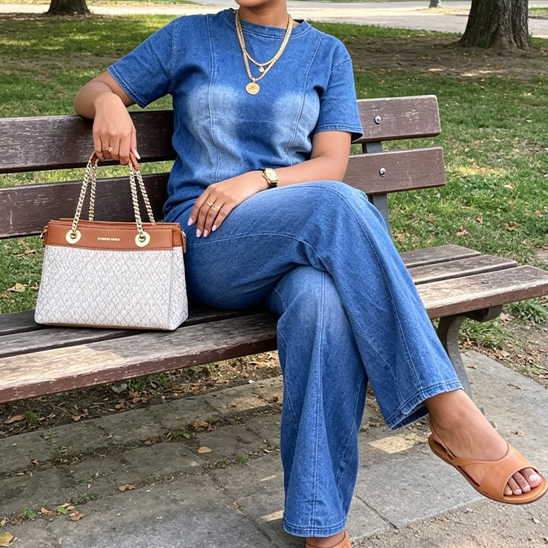 Damen lässiges zweiteiliges Denim-Set aus Oberteil und Hose