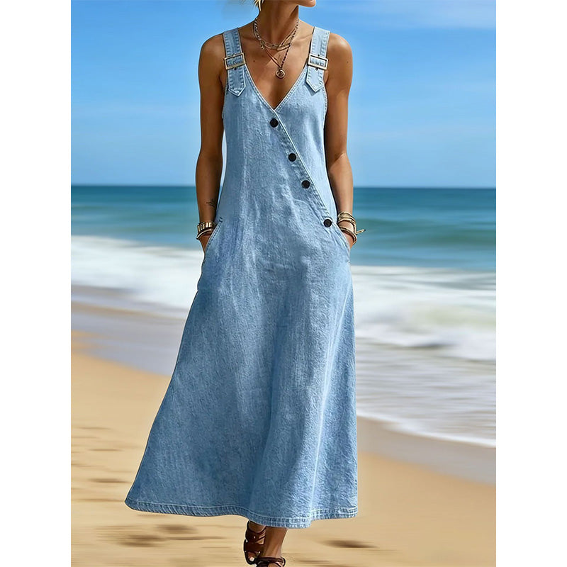 ✨Versandkostenfrei👗Stilvolles, asymmetrisches Jeanskleid mit Knöpfen für Damen