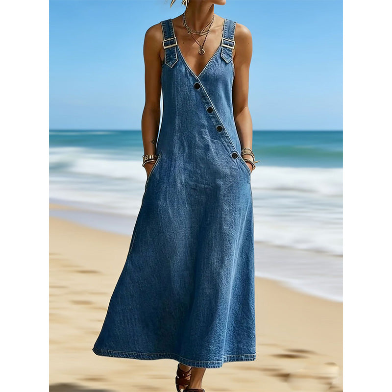 ✨Versandkostenfrei👗Stilvolles, asymmetrisches Jeanskleid mit Knöpfen für Damen
