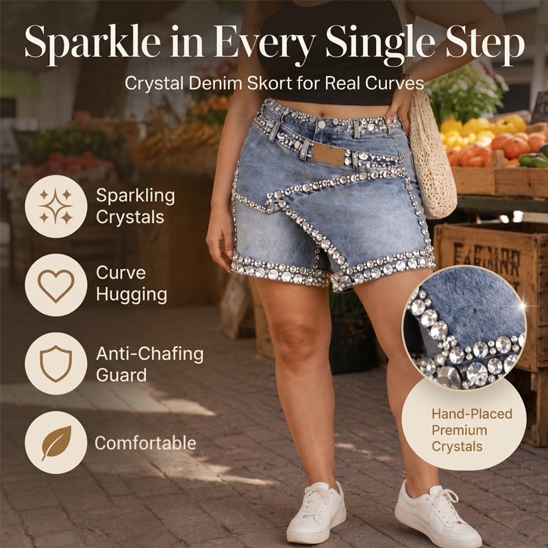 Damen Rhinsten-Besetzter Mehrlagiger Denim-Rock-Shorts