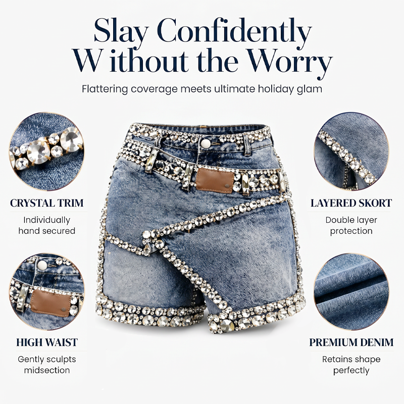 Damen Rhinsten-Besetzter Mehrlagiger Denim-Rock-Shorts