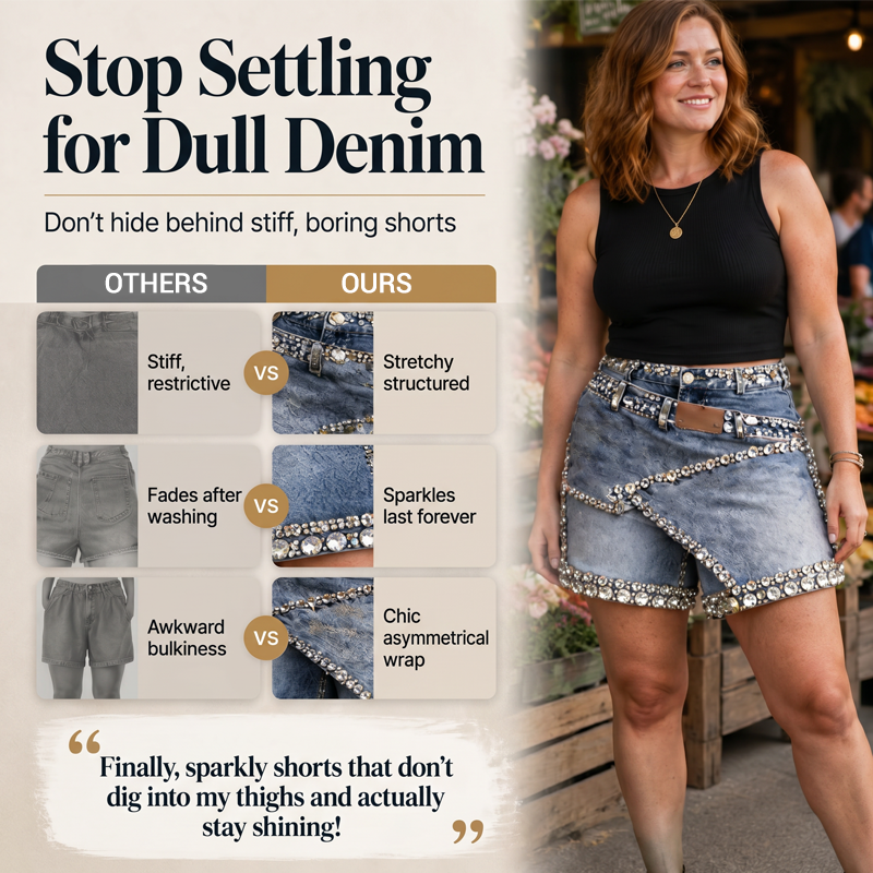Damen Rhinsten-Besetzter Mehrlagiger Denim-Rock-Shorts