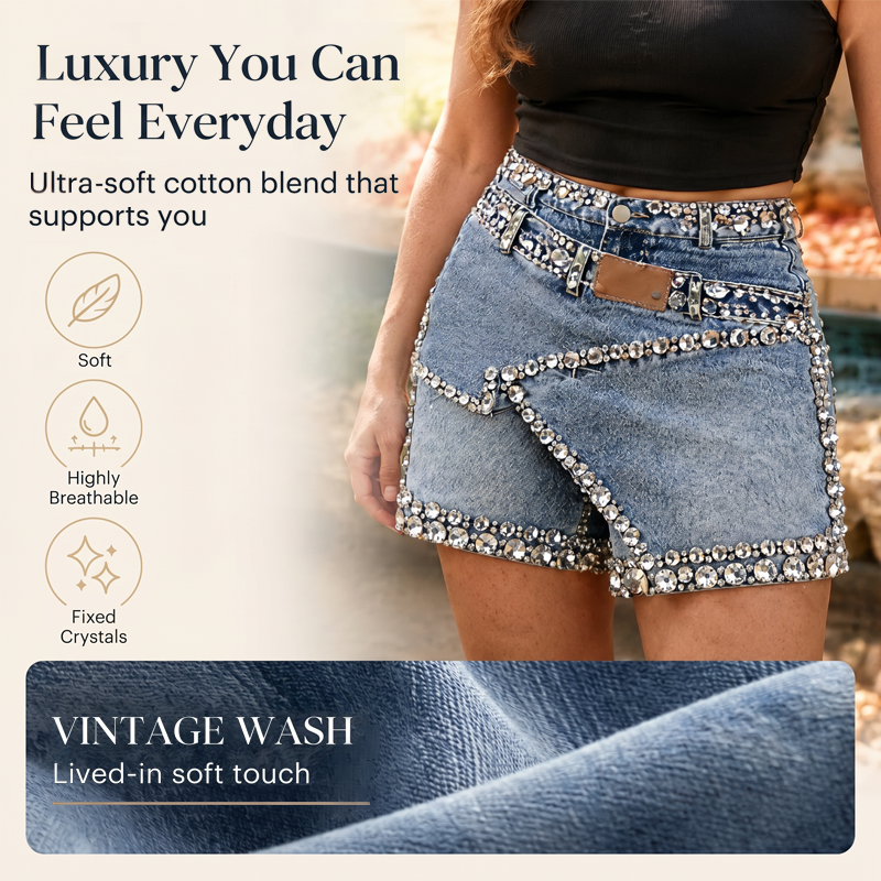 Damen Rhinsten-Besetzter Mehrlagiger Denim-Rock-Shorts