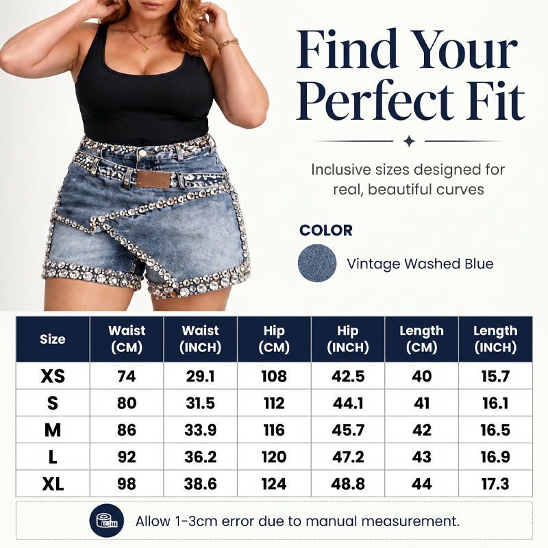 Damen Rhinsten-Besetzter Mehrlagiger Denim-Rock-Shorts