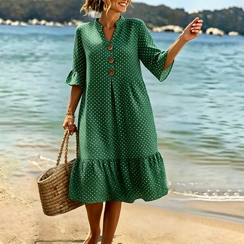 👗Sommerkleid für Damen mit Polka-Dots und Rüschenärmeln – mühelos schick und figurschmeichelnd ✨