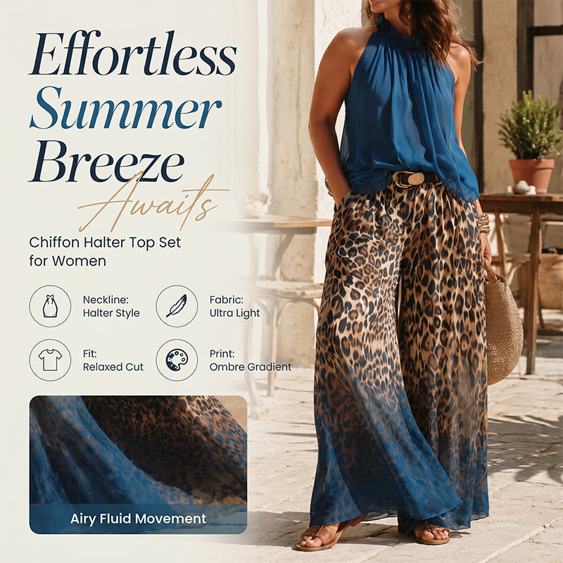 👗Set aus ärmellosem Neckholder-Oberteil und Leopardenmuster-Hose für Damen – ein auffälliges, schickes und lässiges Sommeroutfit🔥