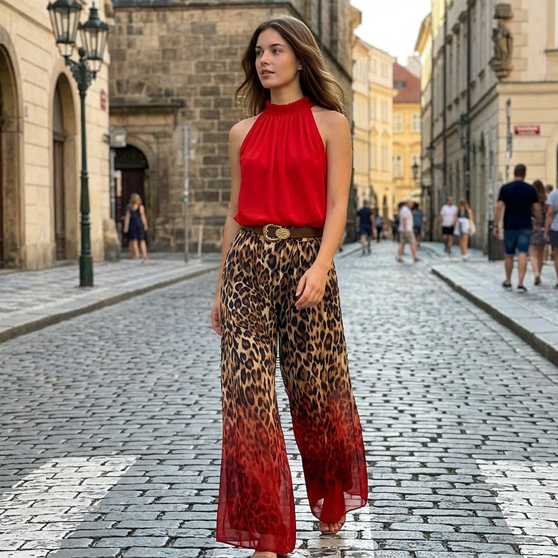 👗Set aus ärmellosem Neckholder-Oberteil und Leopardenmuster-Hose für Damen – ein auffälliges, schickes und lässiges Sommeroutfit🔥