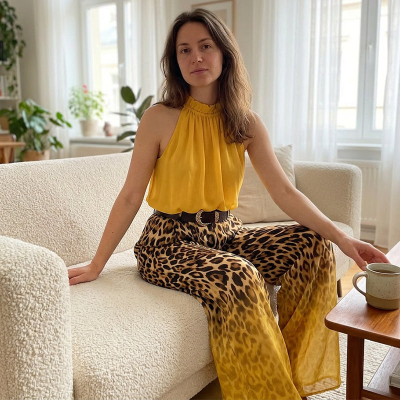 👗Set aus ärmellosem Neckholder-Oberteil und Leopardenmuster-Hose für Damen – ein auffälliges, schickes und lässiges Sommeroutfit🔥