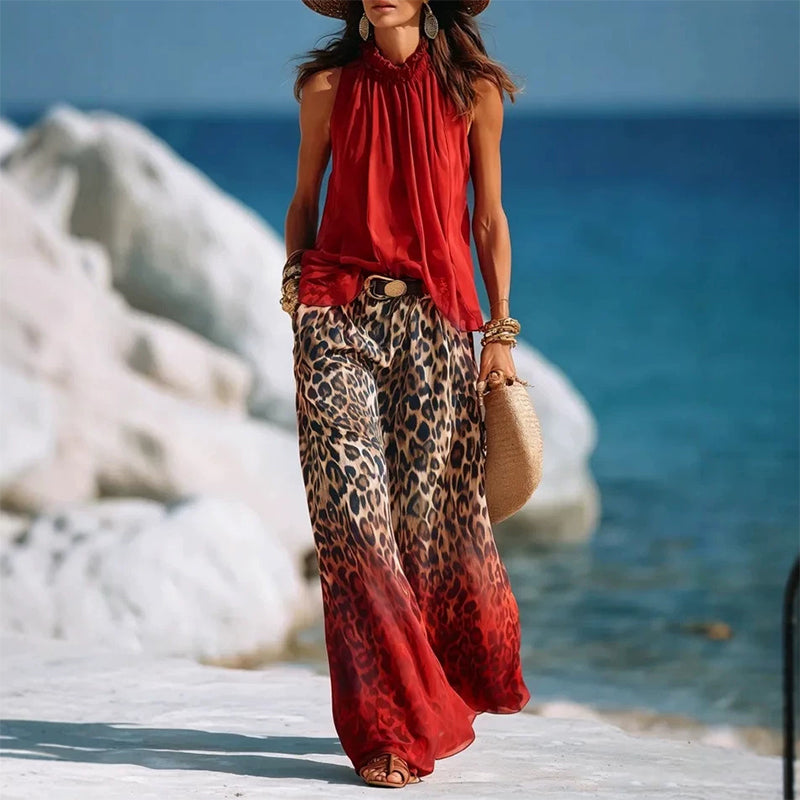 👗Set aus ärmellosem Neckholder-Oberteil und Leopardenmuster-Hose für Damen – ein auffälliges, schickes und lässiges Sommeroutfit🔥