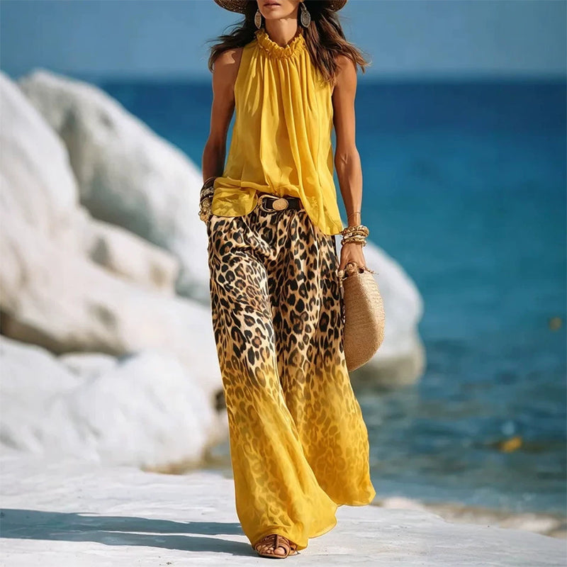 👗Set aus ärmellosem Neckholder-Oberteil und Leopardenmuster-Hose für Damen – ein auffälliges, schickes und lässiges Sommeroutfit🔥