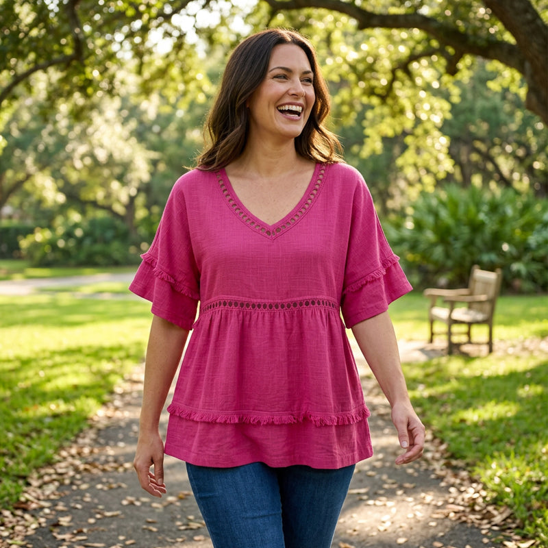 Damen Boho-Fransen-Oberteil mit Cutout
