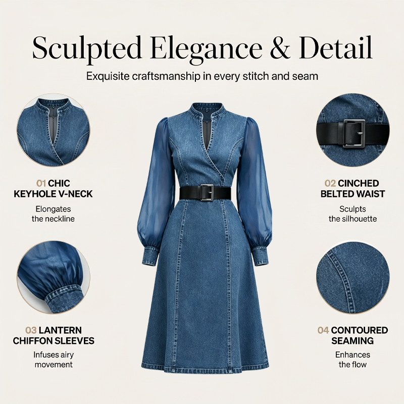👗Figurbetontes Stehkragen-Denim-Midi-Kleid – Elegante Alltagsschick✨
