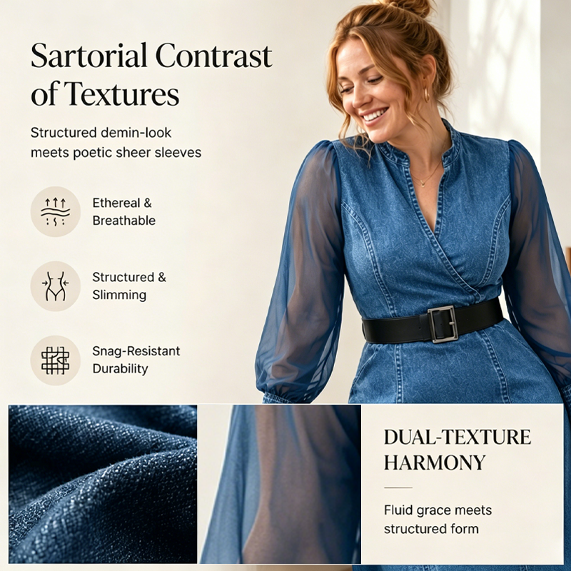 👗Figurbetontes Stehkragen-Denim-Midi-Kleid – Elegante Alltagsschick✨