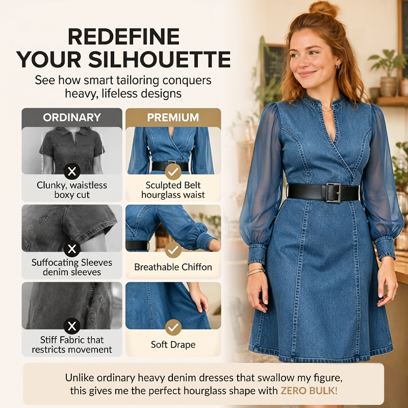 👗Figurbetontes Stehkragen-Denim-Midi-Kleid – Elegante Alltagsschick✨
