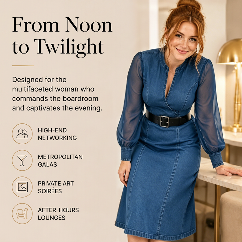 👗Figurbetontes Stehkragen-Denim-Midi-Kleid – Elegante Alltagsschick✨