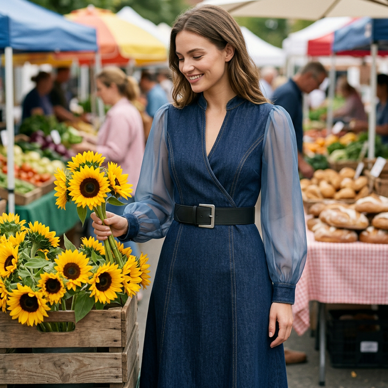 👗Figurbetontes Stehkragen-Denim-Midi-Kleid – Elegante Alltagsschick✨
