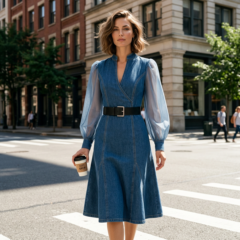 👗Figurbetontes Stehkragen-Denim-Midi-Kleid – Elegante Alltagsschick✨