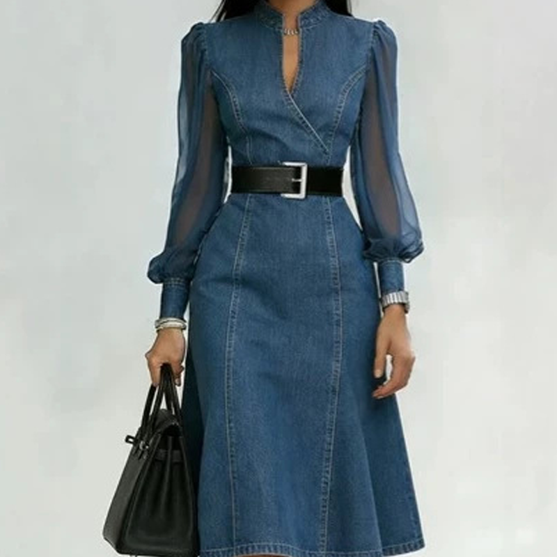 👗Figurbetontes Stehkragen-Denim-Midi-Kleid – Elegante Alltagsschick✨
