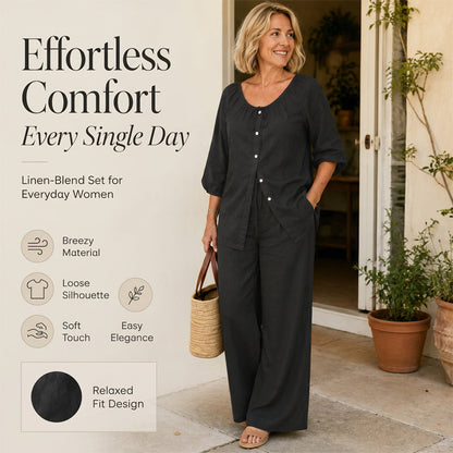 Damen Set aus Knopfleiste-Kordelzug-Oberteil & Weitbein-Hose