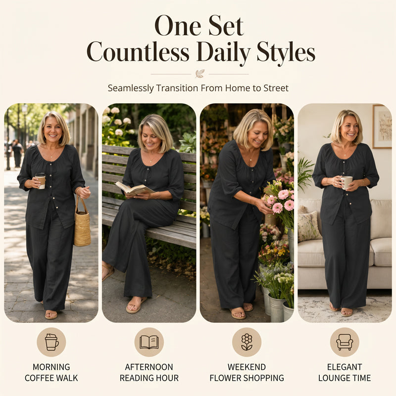 Damen Set aus Knopfleiste-Kordelzug-Oberteil & Weitbein-Hose