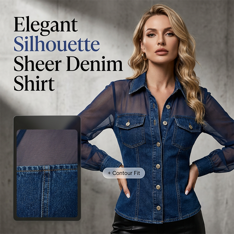 Damen Mesh-Patchwork-Denim-Oberteil