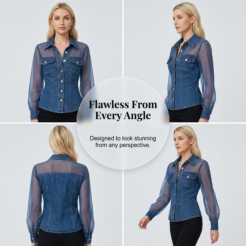 Damen Mesh-Patchwork-Denim-Oberteil