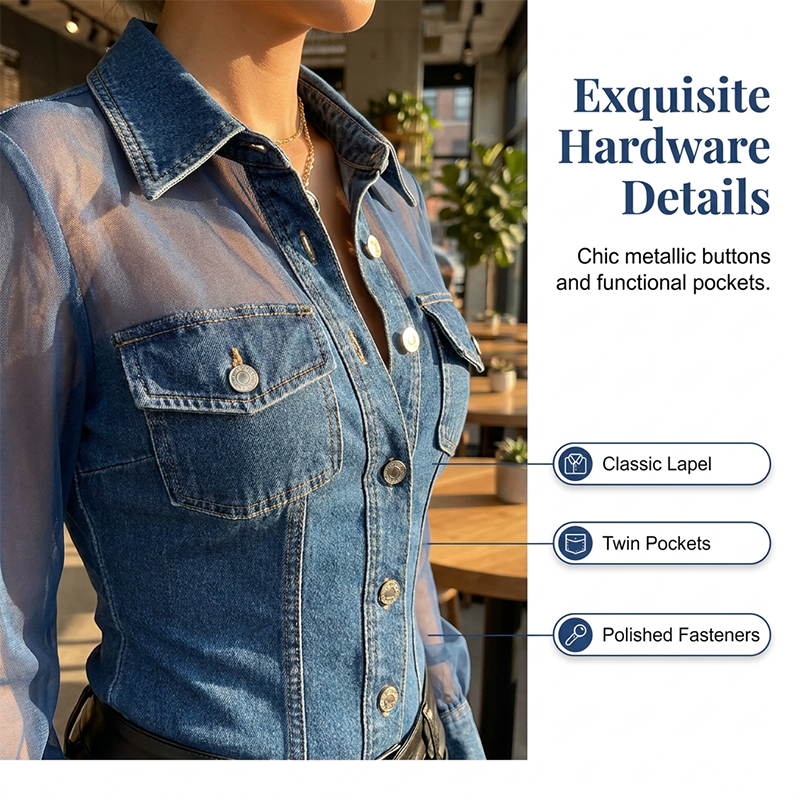 Damen Mesh-Patchwork-Denim-Oberteil