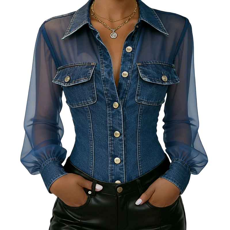 Damen Mesh-Patchwork-Denim-Oberteil