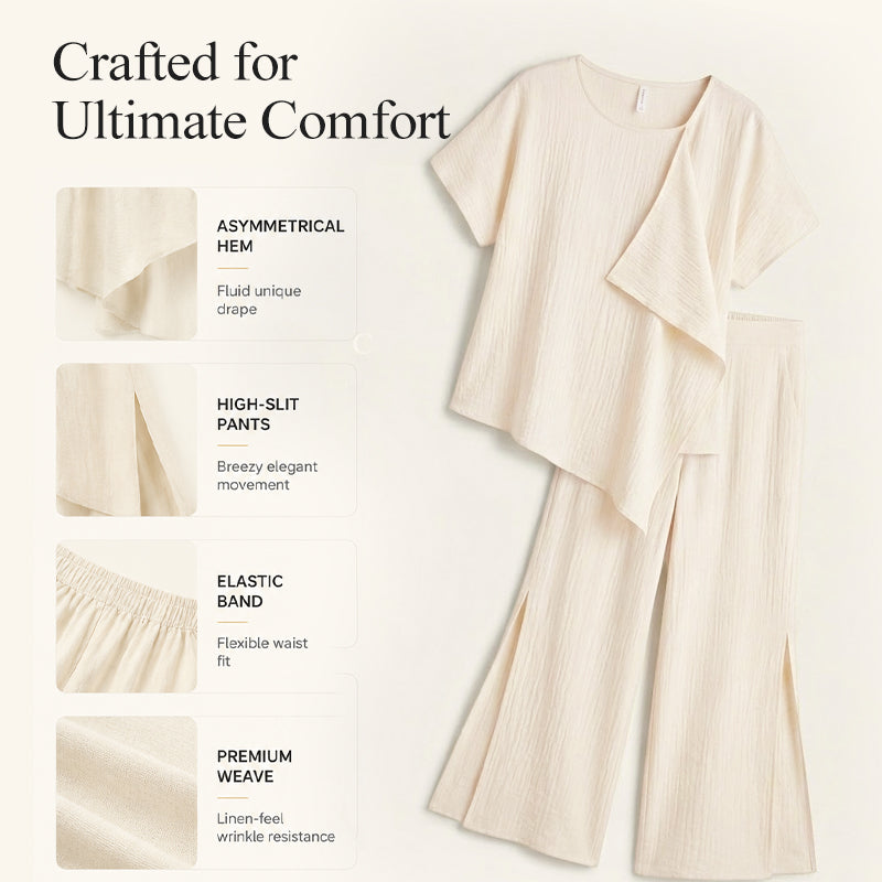 👗Set aus asymmetrischem Damenoberteil und weit geschnittener Hose mit Schlitz – elegantes Statement-Set ✨