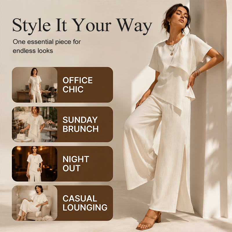 👗Set aus asymmetrischem Damenoberteil und weit geschnittener Hose mit Schlitz – elegantes Statement-Set ✨
