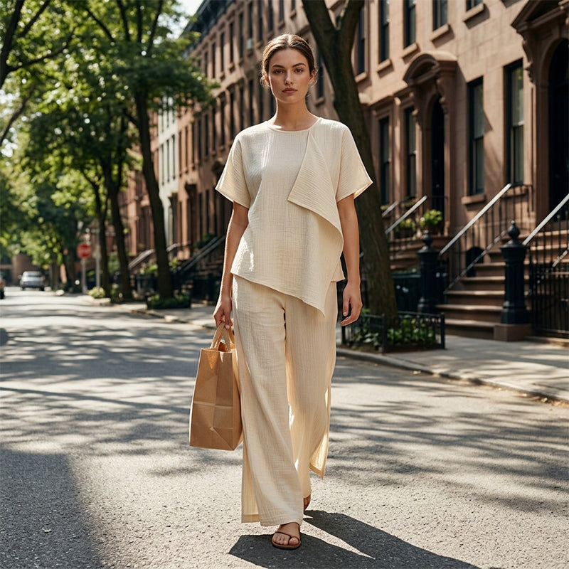 👗Set aus asymmetrischem Damenoberteil und weit geschnittener Hose mit Schlitz – elegantes Statement-Set ✨