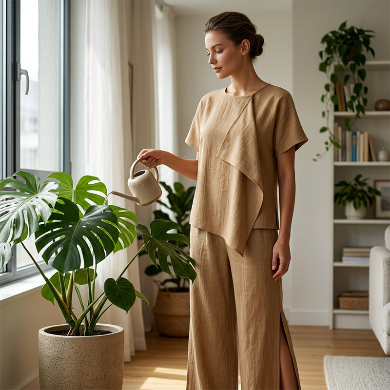 👗Set aus asymmetrischem Damenoberteil und weit geschnittener Hose mit Schlitz – elegantes Statement-Set ✨
