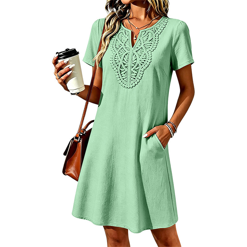 Damen Bohemian Spitzen V-Ausschnitt T-Shirt-Kleid