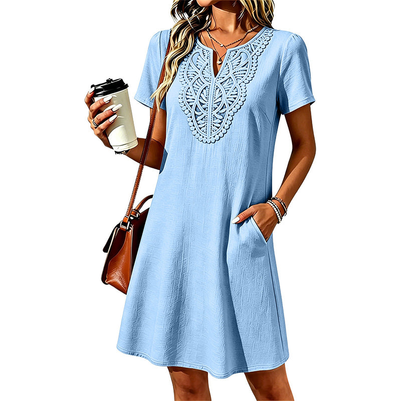 Damen Bohemian Spitzen V-Ausschnitt T-Shirt-Kleid