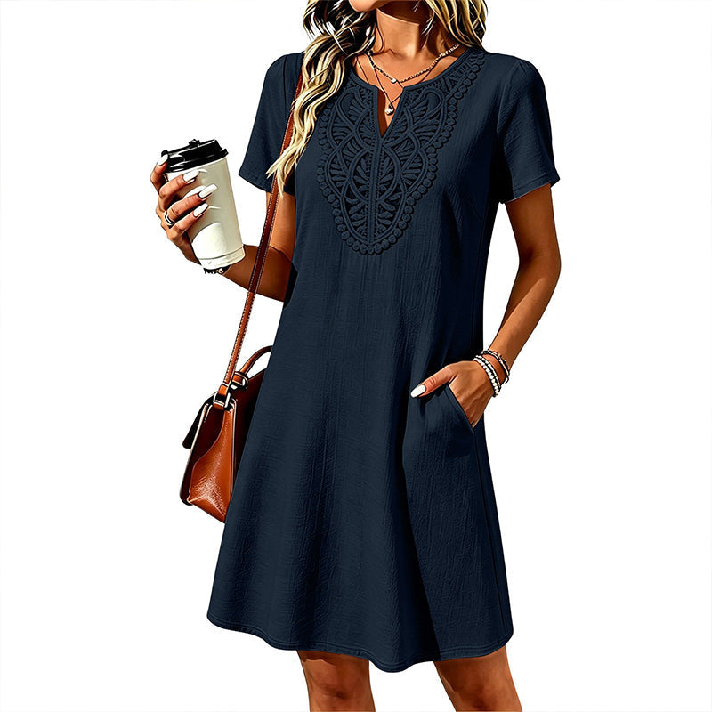 Damen Bohemian Spitzen V-Ausschnitt T-Shirt-Kleid